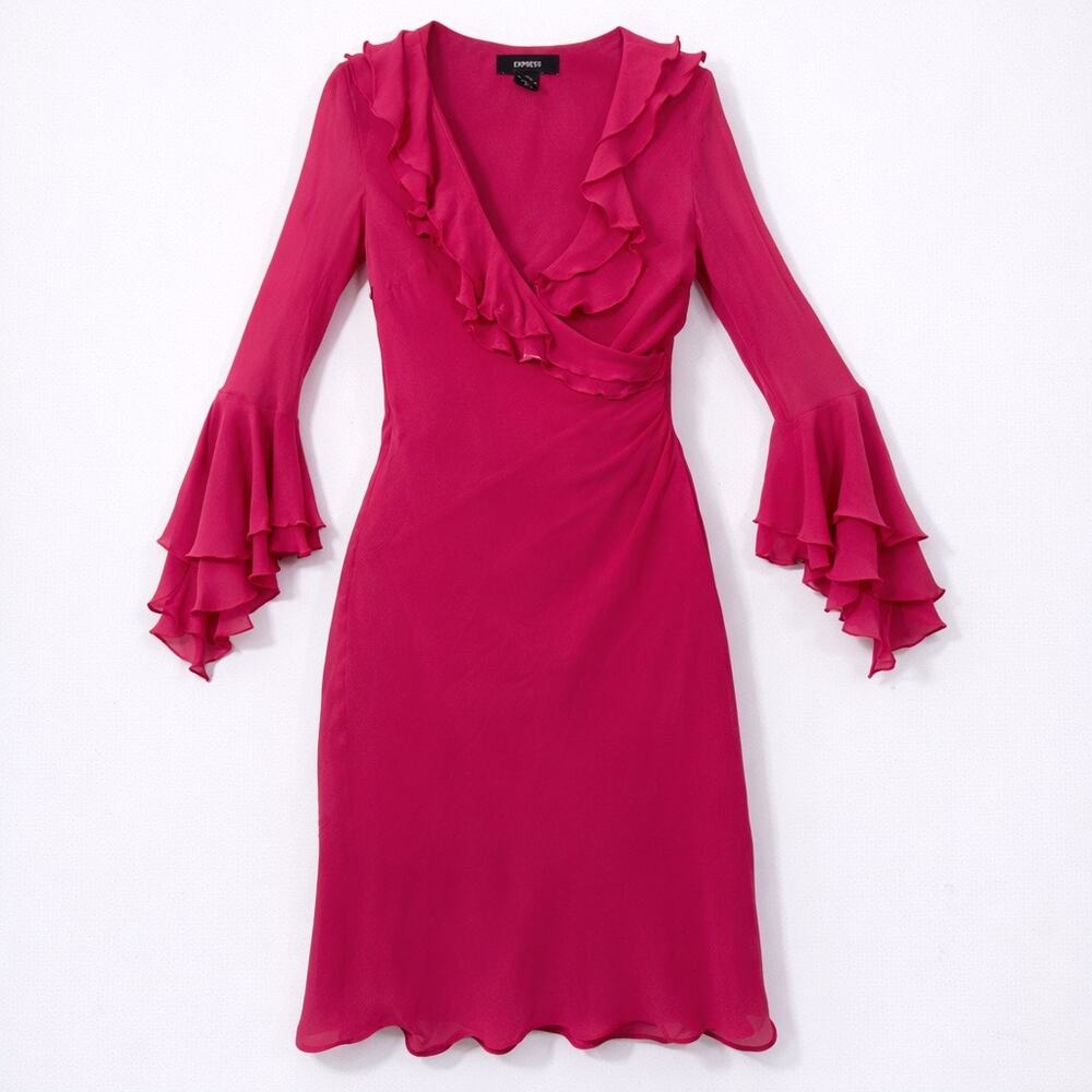 Express Silk Fuchsia Ruffle Wrap Midi Dress Women’s Size 3/4 Long Sleeve Flare 4